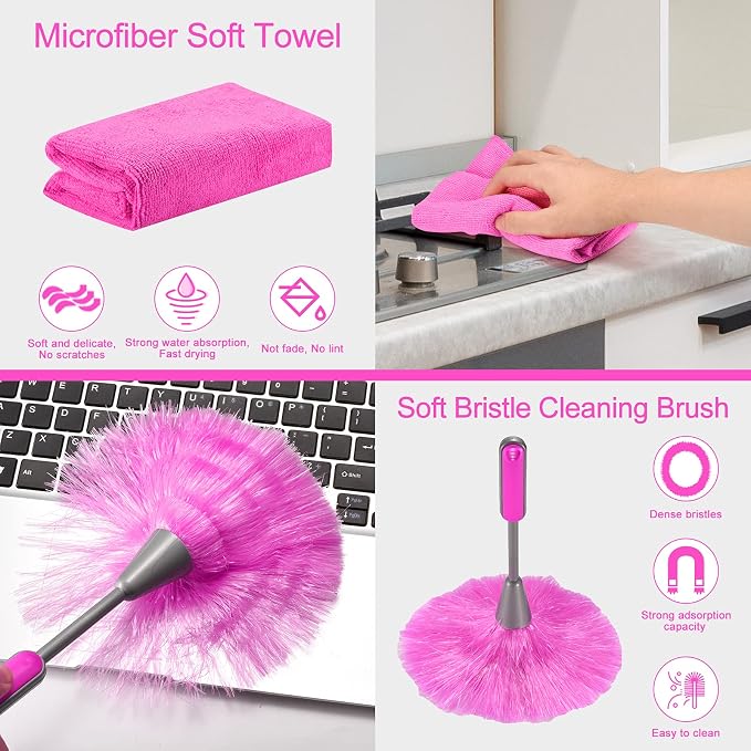 CALBEAU Microfiber Dusters for Cleaning, Dusters with Extension Pole | 15 PCS Feather Duster Kit for Ceiling Fan, Blinds, Cars, Furniture, High Walls; Pink Cleaning Tools, Gift for Women