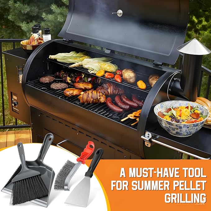 4 Piece Pellet Grill Ash Cleaning Kit, Easy to Remove Ash & Grime | Includes Large Dust Pan, Soft Bristle Brush & Metal Scraper, Compact & Portable, BBQ Grill Cleaning Essential