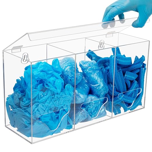 SEANADO Clear Acrylic Glove Holder Dispenser with Lid, 3 Compartments Hygiene Station Storage Box for Beard Nets, Hairnets, Plastic Bags, Shoe Cover - Wall Mount or Tabletop