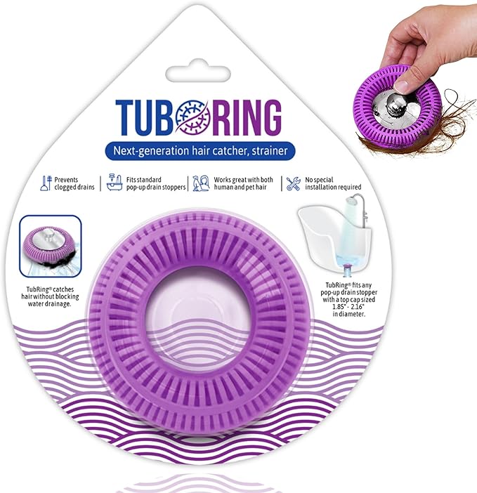 TUB RING The Ultimate Tub Drain Protector Hair Catcher/Strainer/Snare, Regular - Purple | Easy snap-in design fits around bathtub stoppers. Customizable utility guard for clog prevention. Fits 1.85"- 2.16" drains. .