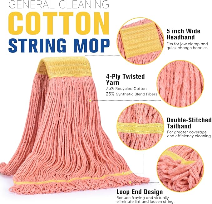 Matthew Cleaning Commercial Mop Head Replacement, 5 Inch Wide Headband, Looped End Cotton Blend String Wet Mops for Floor Cleaning, 18 oz Medium, 3-Pack Orange