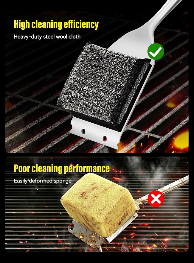 XUDKAKAIXIN Grill Brush Bristle Free,No Bristle Shedding,with Replacement Head,Unique Steel Fibers Pad Perfect for Cast Iron/Stainless-Steel Grates-,Grill Cleaner for Outdoor Gril