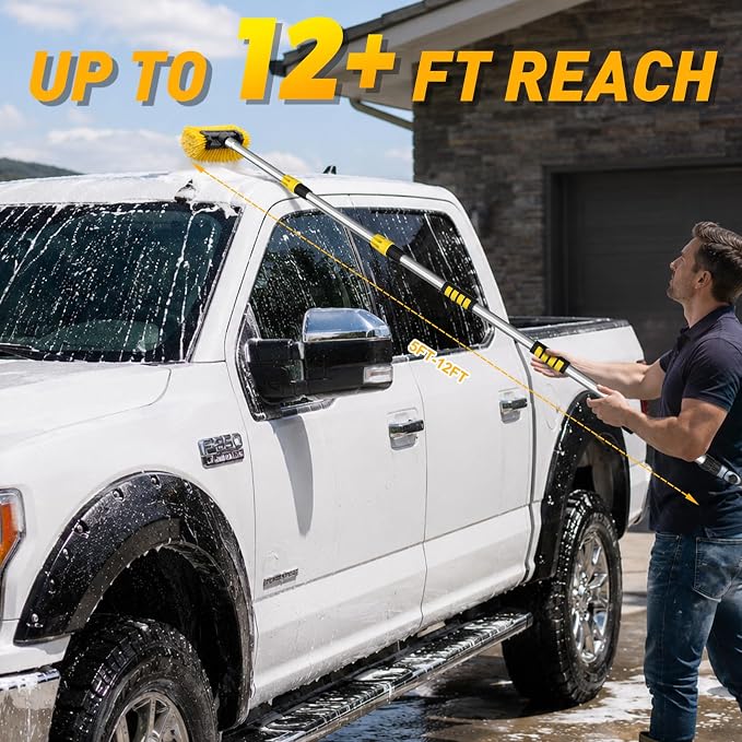 SISUPASSIE 12FT Car Wash Brush with Long Handle, Telescopic Car Wash Brush with Soap Dispenser, 12-Inch Soft Bristle Car Cleaning Brush for Cleaning Car, RV, Truck, Boat, Solar Panels, Yellow