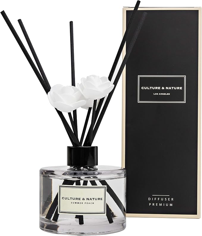 CULTURE & NATURE Reed Diffuser Set 6.7oz (200ml) Summer Peach Scented Diffuser with Sticks Home Fragrance Reed Diffuser for Bathroom Shelf Decor