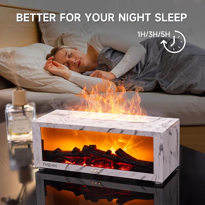 TMEHM Fireplace Flame Essential Oil Diffuser Humidifier, Aromatherapy | Ultrasonic Mist with 7 Colors and Timer for Home, Bedroom, Office, and Yoga