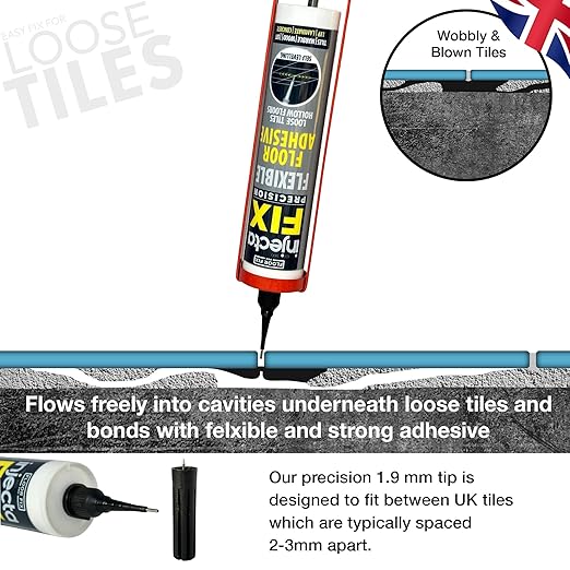 Precision 300ml from Floor-Fix Pro - Fix Loose Tiles - for Loose & Hollow Tiles, Wood, LVT & Laminate - Includes 1.9mm Syringe Tip - Adjustable to 6mm + Anti-Clog Performance (Pack of 4)