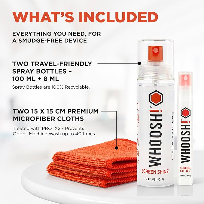 WHOOSH Screen Cleaner and Wipe Kit Duo, 3.7 fl oz + 0.3 fl oz | Large and Travel Size Bottles, Non Toxic and Odorless, For iPad, MacBook and Car Screens, 2 Microfiber Cloths