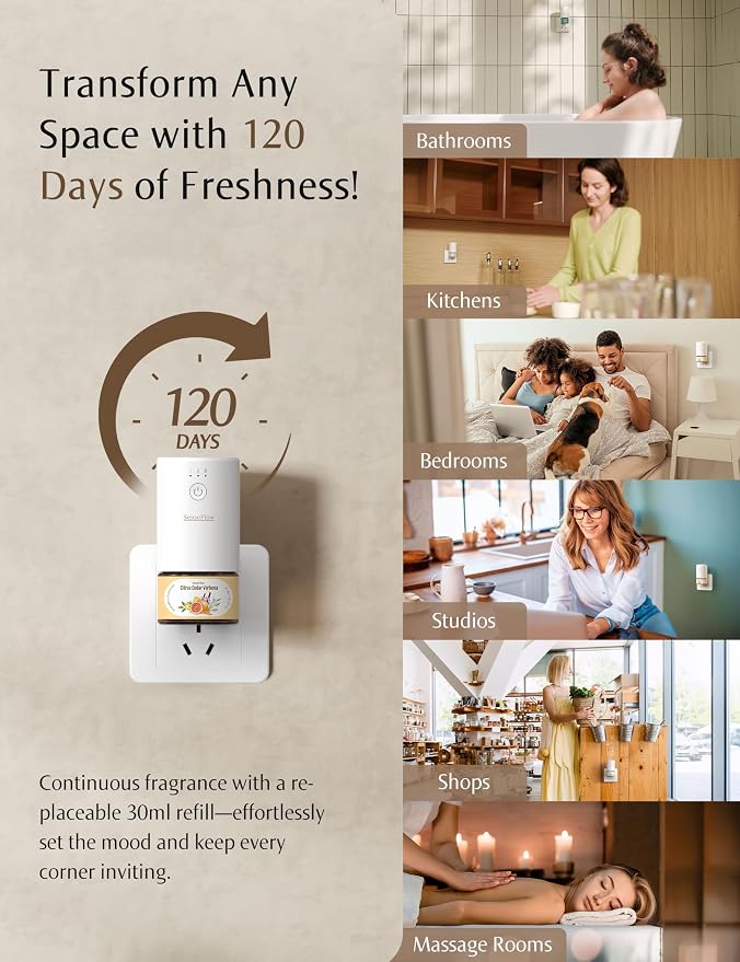 Plug-in Air Freshener for Home, Waterless Essential Oil Diffuser for Bedroom and Bathroom, Non-Toxic Formula for Pets and Nursery, 120 Days Runtime, Refillable Bitter Orange Leaf