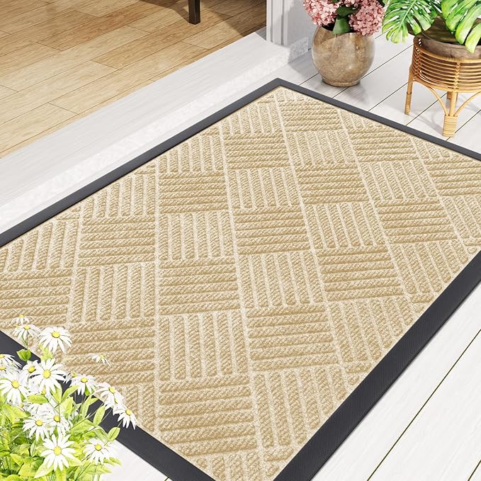 Smiry Front Door Mat Outside Entrance, Heavy Duty Outdoor Indoor Natural Rubber Doormat, Non Slip, Trap Dirt and Moisture, Easy Clean, Low Profile Patio Porch Entryway Mat, 59x23, Beige