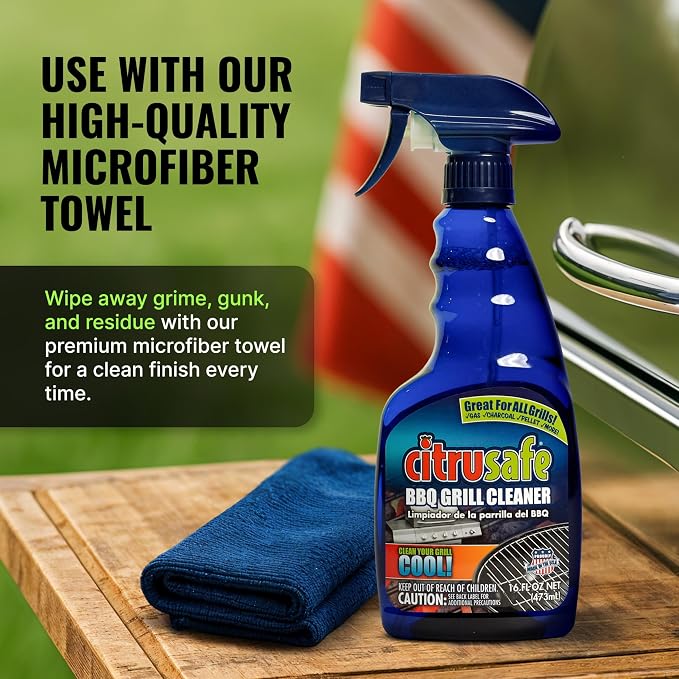 Citrusafe Complete Grill Cleaning Kit - Grill Cleaner Spray (16oz), Scrubber 3 Pack, Nylon Brush, Cookbox Scraper and Microfiber Cleaning Towel - Tools to Clean BBQ Grill Grates, Smokers, Ovens