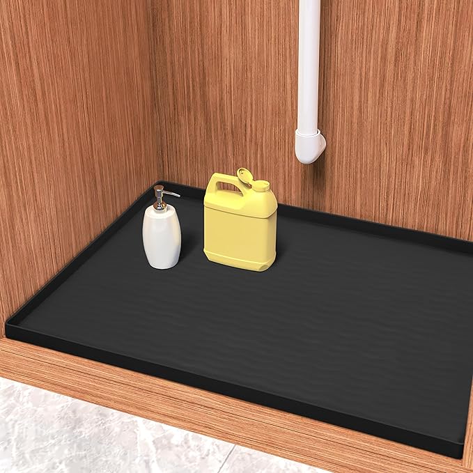 URMONA Waterproof Silicone Under Sink Mat 19'' x 19'' Shelf Liner for Kitchen and Bathroom, Cabinet and Counter Protector, Storage and Organizers, Litter Mat, Pet Cat Puppy Essentials(Black)