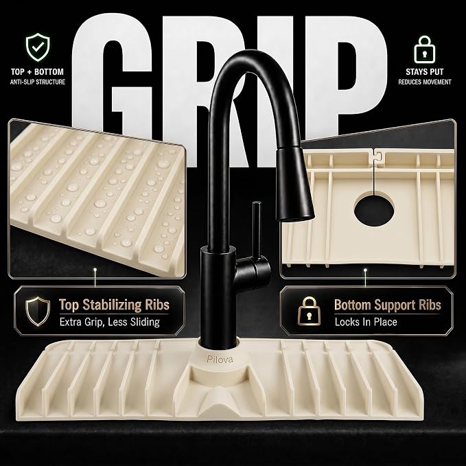 Premium Kitchen Sink Splash Guard – 18" x 5.7" Silicone Faucet Mat with Secure Pressure Clip, True 10° 3D Drainage(No Pooling), Anti-Lift Design, Flexible Leak-Sealing Ring, Non-Slip Fit Behind Faucet