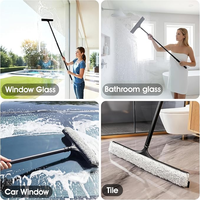 16-59" Telescopic 2-in-1 Window & Shower Squeegee for Glass Doors | 30% thicker silicone blade, microfiber pad, ideal for car windshields, bathroom tiles, RVs, safe high reach without ladders