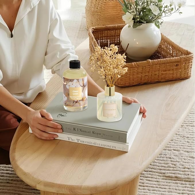 Reed Diffuser Refill Clean Linen 17oz (500ml) with 8 Rattan Sticks - Premium Long-Lasting Scented Oil, Home Fragrance for Bedroom, Bathroom Home Decor