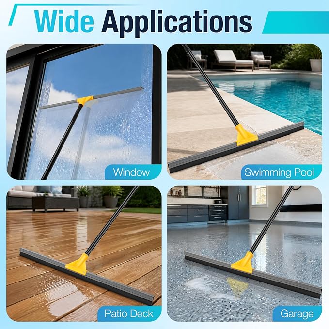 SOBONNE 30" Large Floor Squeegee Broom for Concrete Water Removal | Heavy Duty Double Rubber Water Squeegee/57" Long Handle for Tile Deck Bathromm Pool Warehouse Outdoor/Yellow