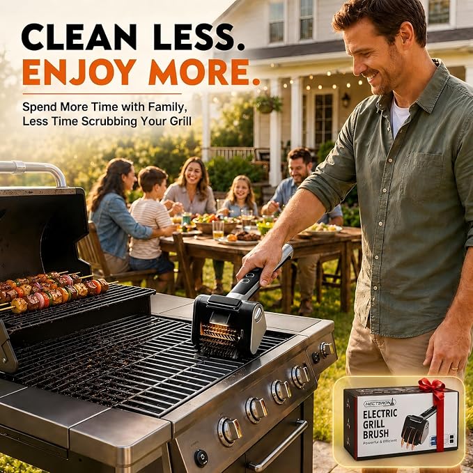 Electric Grill Brush, Cordless BBQ Grill Cleaner with High Torque Motor, 3-Speed Rotary Brush, LED Light & Stainless Steel Scraper, 4000mAh Rechargeable Tool for Outdoor Grills, Griddles & Smokers