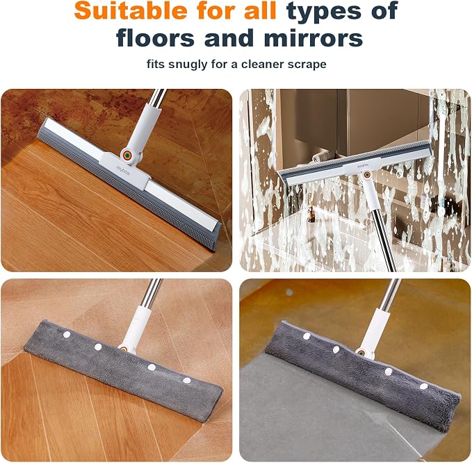 Rubber Squeegee Broom for Floor,Upgrade 62" Long Handle Window Squeegee, 2 Cleaning Cloths, Silicone Pet Hair Remover,Magic Broom Removes Water Spots, Stains, Grease, and Hair from Glass Surfaces.