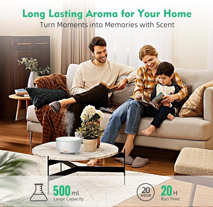 500ml Essential Oil Diffuser, Ultrasonic Aromatherapy Humidifier | with Oils, Remote Control, 7-Color LED Light, Timer & Auto Shut-Off, Cool Mist Diffuser for Home, Bedroom, Office (White)