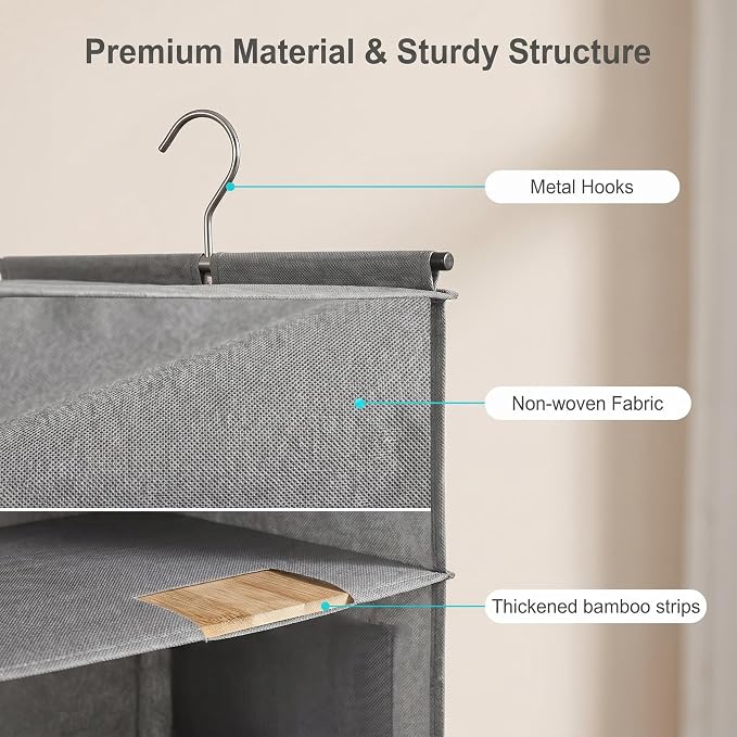4-Tier Hanging Closet Organizer, Foldable Storage Shelves, Grey for Dorm RV | 4-tier hanging shelves for closets. Foldable, holds clothes & shoes. Fits dorms, apartments. Grey