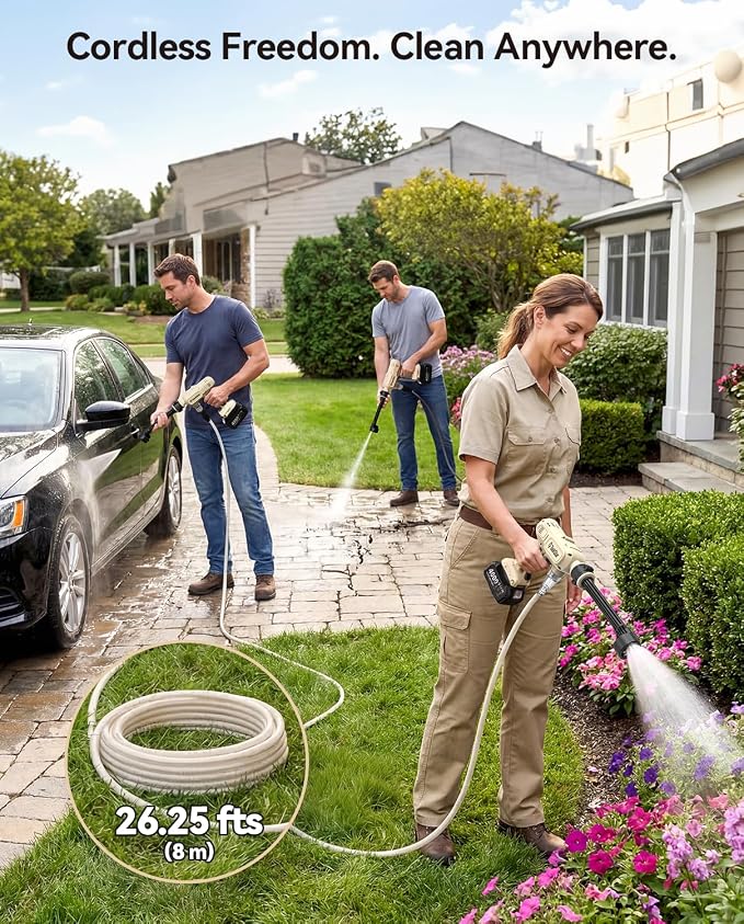 TaskStar Portable Cordless 1250PSI High Pressure Power Washer | 2X 4.0Ah Batteries, Brushless Motor, 2 Power Modes, 6-in-1 Spray Nozzle, 26FT Extended Hose for Car, Garden, Outdoor Cleaning