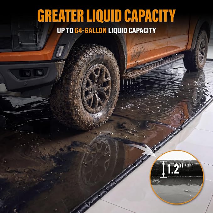 7'9" x 16' Garage Floor Mat, Non-Slip Containment Mat | 610GSM PVC Material, 65 Gal Capacity, Easy Maintenance, 1.2" Raised Edges, Protect the Floor