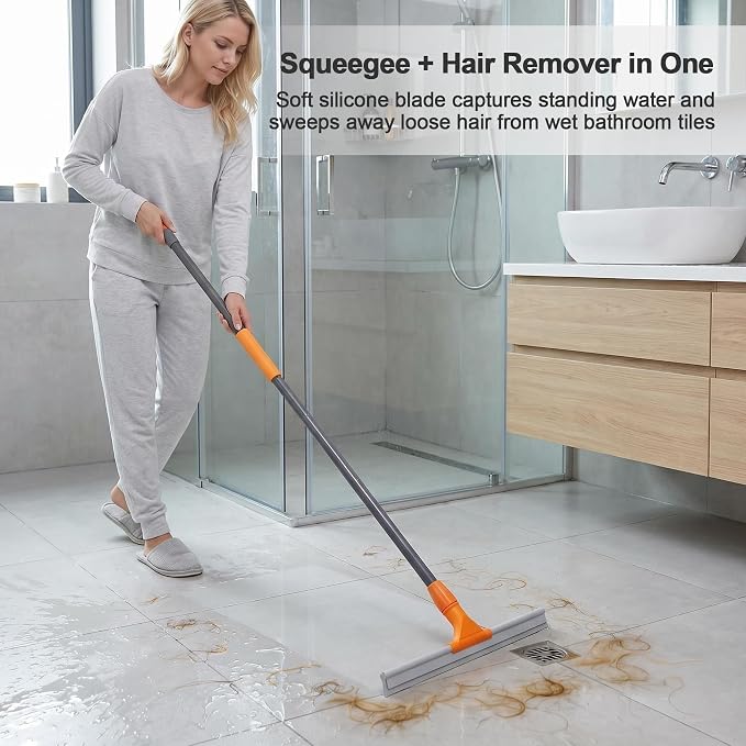 CLEANHOME Silicone Floor Squeegee for Shower Glass, Floor, and Garage | Heavy-Duty Pet Hair Remover, Bathroom Tile Cleaner, Window Wiper - Flexible, No Streaks, Compact Storage