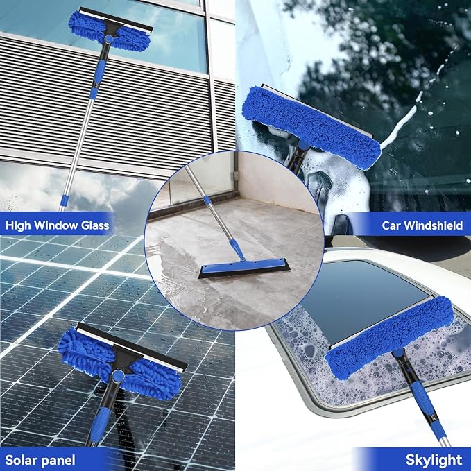 Window Squeegee Tool with Extension Pole: 20+ Feet Microfiber Scrubber Window Cleaning Kit for Rv Truck Bus Car Windshield - 3 to 14 Ft Spliceable Extendable Long Duster for High Outside Solar Panel