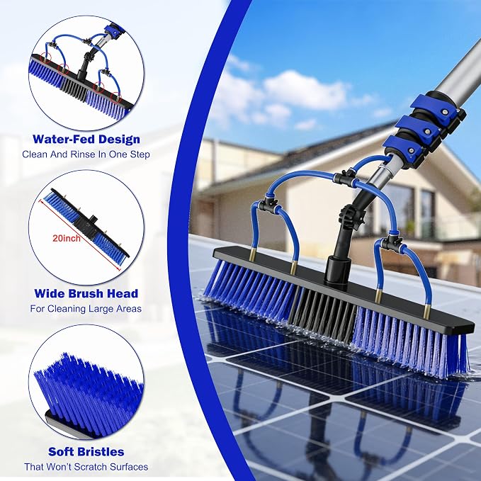 26FT Reach Solar Panel Cleaning Brush Kit with 5-20FT Telescoping Pole, 33FT Hose, 20" Water Fed Brush, Soap Dispenser, Cobweb Duster, Squeegee & High Ceiling Duster for Roof, RV, Gutter, Boat, Deck