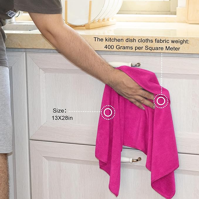 kimteny 13x28 Inches Kitchen Cloth Dish Towels, 400 GSM Premium Dishcloths, Super Absorbent Coral Velvet Microfiber Cleaning Cloths, Fast Drying Rags for Washing Dishes (8 Pack, Rose Red)