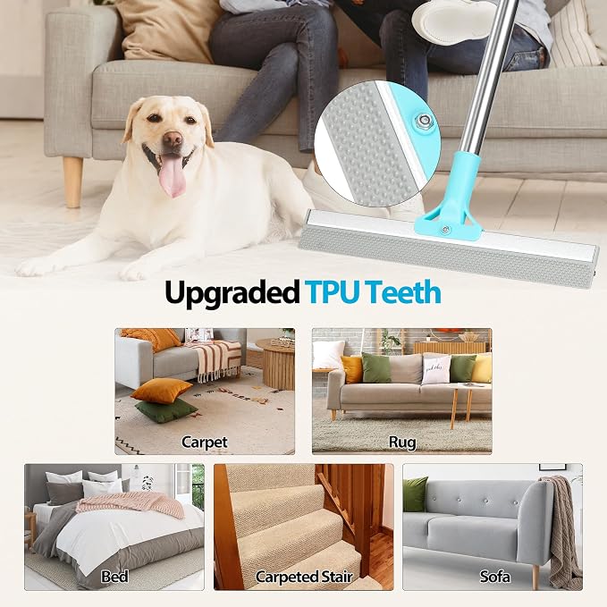 Carpet Rake for Pet Hair Removal Tool, 2 in 1 TPU and Copper Rake Teeth, Dual-Action Hair Remover with 54’’ Adjustable Long Handle, Reusable Cat & Dog Fur Broom for Carpets,Rugs, Mats,Car