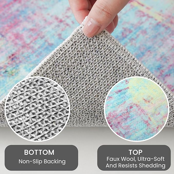 IOHOUZE Abstract Area Rugs 9x12 Ft Washable Large Rugs for Living Room, Non Slip Dining Room Rug, Printed Faux Wool Rugs for Bedroom, Floor Carpet for Office Nursery Playroom, Pink Teal