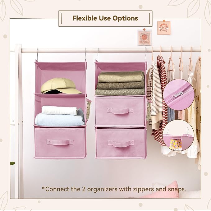 GRANNY SAYS Hanging Closet Organizer 6-Shelf, Separable to 2 Pack 3-Shelf Closet Storage Organizer with 4 Side Pockets, 3 Different Drawers, Portable Hanging Shelves for Baby Clothes, Sweater, Pink
