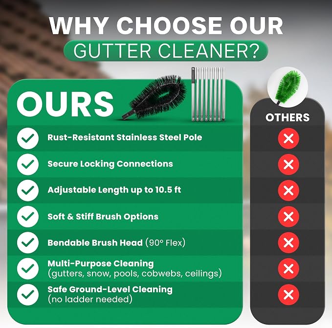 Premium 10.5 ft Gutter Cleaning Tools From The Ground Adjustable Gutter Cleaning with Pole No Ladder Needed Long Reach with Replaceable Brush Removal Leaves Trash From Roof Gutters