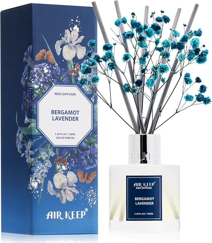 Reed Diffuser Set,3.38 fl oz (100 ml) - Bergamot Lavender Oil Diffusers with 8 Reed Sticks, Home Fragrance Reed Diffuser for Bathroom Shelf Decor