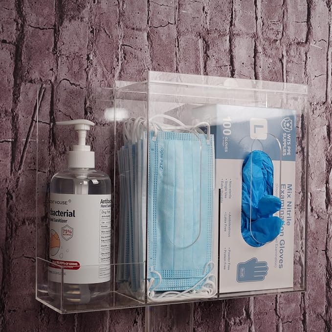 SEANADO Face Mask Dispenser 3 Compartment Acrylic Glove Box Holder Hygiene Station for Disposable Face Masks, Emesis Bag, Shoe Cover and Hairnet, Wall Mount Holes or Tabletop Holder （Clear）