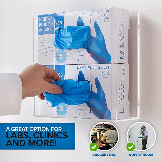 Stock Your Home Double Acrylic Gloves Dispenser (2 Pack) Tissue Box Shelf, Glove Holder Wall Mount, For Kitchen, Cleaning Closet, Exam, Office