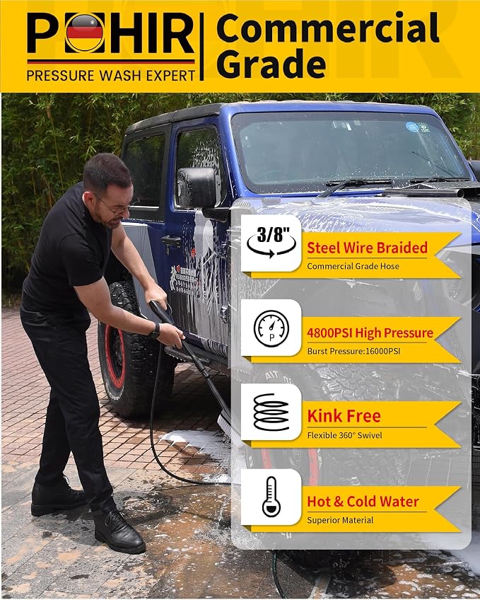 3/8" 150FT Pressure Washer Hose 4800PSI, Power Washer Hose Steel Wire Braided with Swivel Quick Connect, Commercial Grade Industrial High Pressure Water Washing Hose (4800PSI, 150FT)