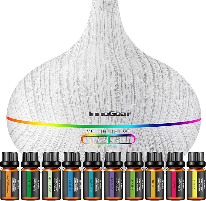 InnoGear 400ml Aromatherapy Essential Oil Diffuser 10 Oils Gift Set, Grey | Cool Mist Humidifier, Essential Oils, Ultrasonic, 4 Timers, Run up to 12hrs, Large Room, Home, Automatic Shut-Off, Quiet