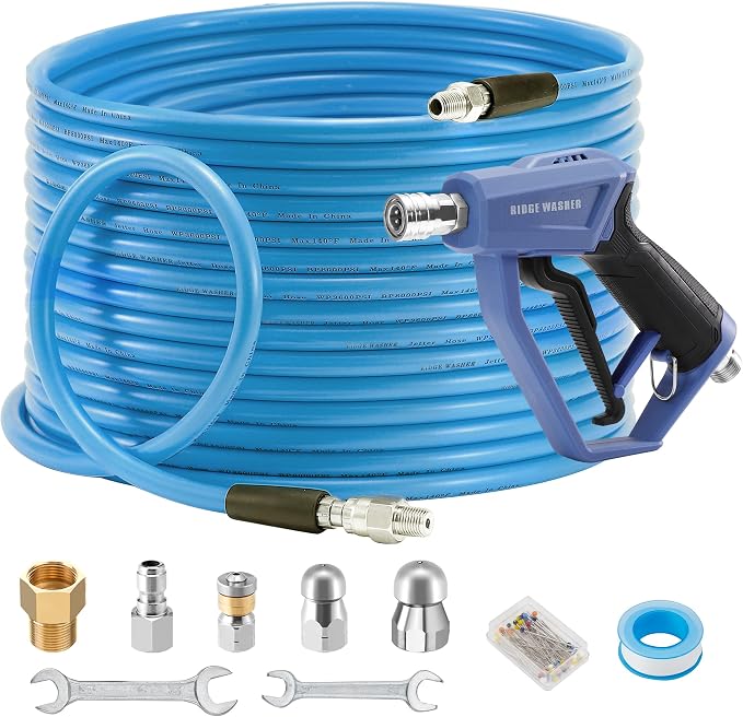 Sewer Jetter Kit for Pressure Washer, 150FT | 3600 PSI Drain Cleaning Hose with Short Power Washer Gun, 1/4 Inch NPT Corner, Rotating and Button Nose Sewer Jetting Nozzle