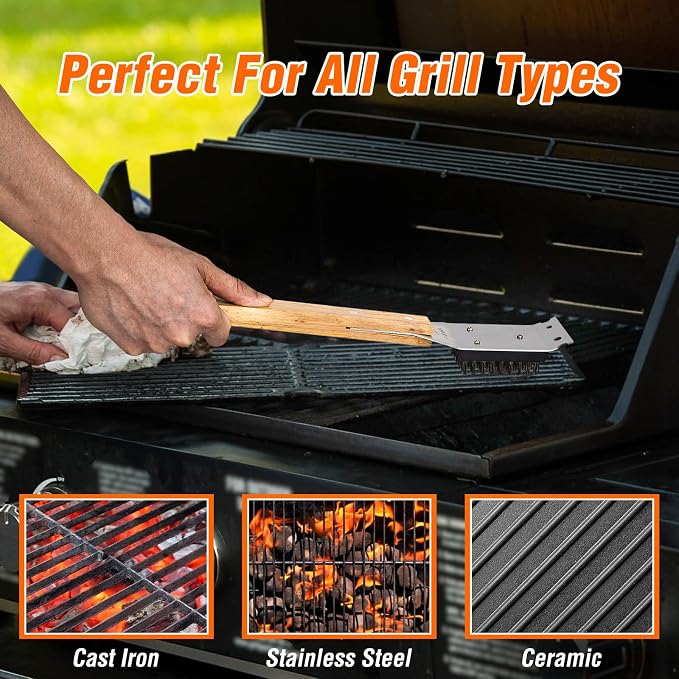 SIMPLETASTE Grill Brush and Scraper for BBQ | Durable & Effective, Replaceable Stainless Steel Head, Wooden Handle Wire Grill Brush, Outdoor Barbecue Accessory