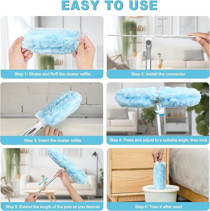JEHONN Duster with 6 ft Extension Pole, 10 Refills Compatible with Swiffer Super Extendable Handle Heavy Duty Dusting Wand Starter Kit for Cleaning High Ceiling Fan Shelves Vent Window Blind