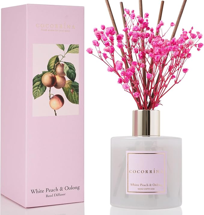 Reed Diffuser Sets - 6.7 oz. White Peach& Oolong Scented Diffuser with 8 Sticks Home Fragrance Reed Diffuser for Bathroom Shelf Decor