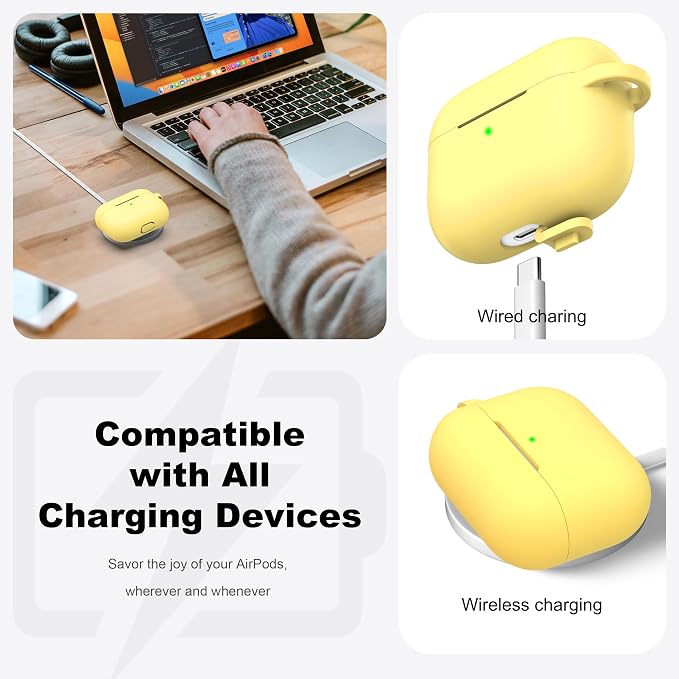 R-fun for AirPods Pro 2 Case, Soft Silicone Protective Cover with Keychain and Cleaning Pen, Compatible with AirPods Pro 2nd/1st Generation, Supports Wireless Charging, Yellow
