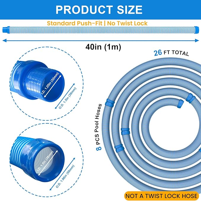 Poolvio Pool Vacuum Hose 26 Feet (8 x 40 Inch), 1.5 Inch Cuffs, Compatible with Most Inground Automatic Cleaners
