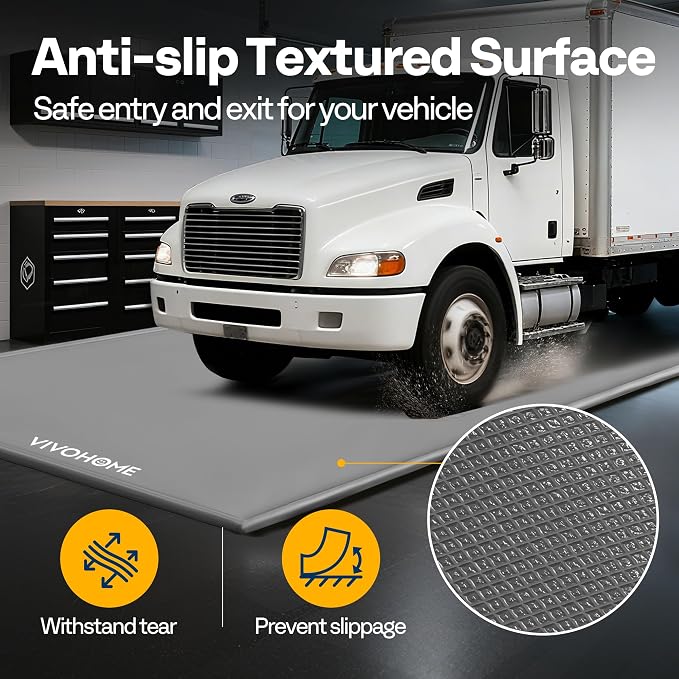 VIVOHOME Containment Mat (8'6" x 20') with Stay Put Corner, Gray | PVC Garage Floor Mats, Heavy Duty Garage Parking Mat with a Squeegee