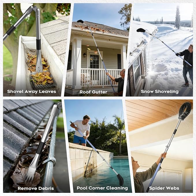 13ft Gutter Cleaning Tools From the Ground, No Ladder Needed, 3-in-1 Gutter Cleaner Pole with Replaceable Brush Rake Scoop, 180° Adjustable Angle for Leaves & Debris Cleaning with Grip Tapes