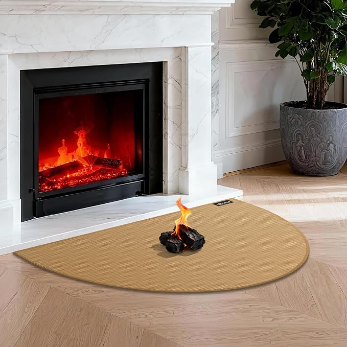 FLASLD Fireproof Fireplace Mat 28×48Inch Half Round Under Grill Mat Hearth Rug Protects Floors from Sparks Embers, Brown