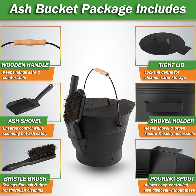 Wakeman Ash Bucket - Metal Bucket with Lid (2.11-Gallon), Broom, and Shovel for Fireplace or Firepit Ashes - Fireplace Tools (Black) - 1 Count