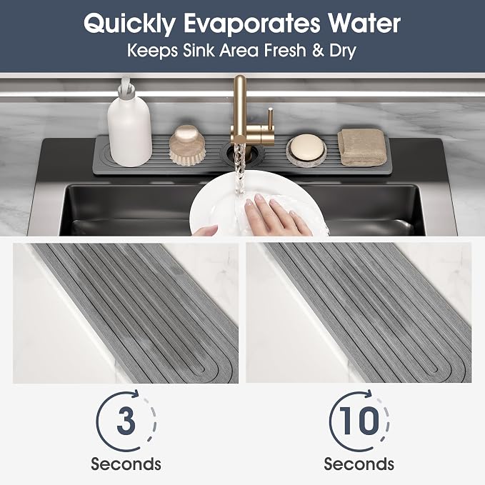 Quick Drying Stone Faucet Mat for Kitchen Sink - Diatomite Sink Mat Absorbing Stone Tray for Bathroom Counter, Sink Faucet Splash Guard Water Protector Matt for Kitchen Counter(Gray, 23.6" x 3.9")