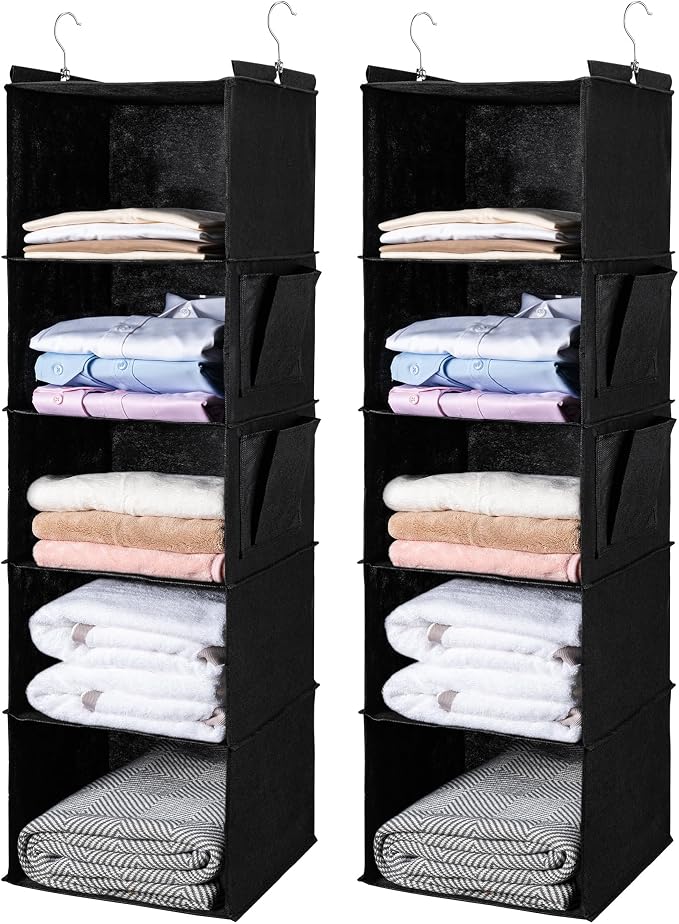 BOOMIBOO Hanging Closet Organize and Shelves,5-Hanging Shelf（2 Pack,Black） | with 2 Side Pockets，Storage Foldable